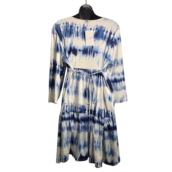Simply Obsessed Dress Blue White Tie-dyed 3/4 Sleeves V-Neck Stretch Sz L NWT - Picture 2 of 10